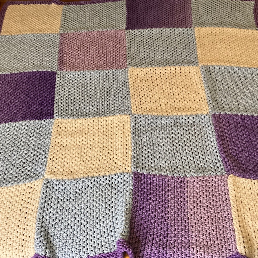 Handmade Patchwork Crochet Blanket Cozy Throw Purple‎ Tan Gray Baby Toddler
